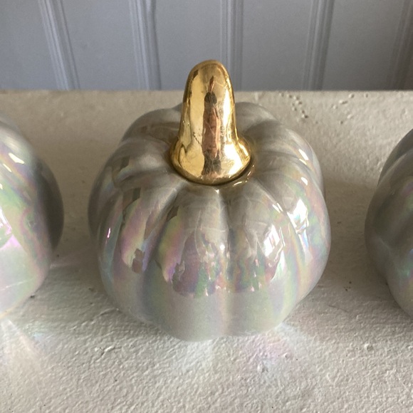 SOLD NWT Set of 2- Gray Iridescent Ceramic Pumpkins w/ Gold Stems Decorations - Picture 8 of 16
